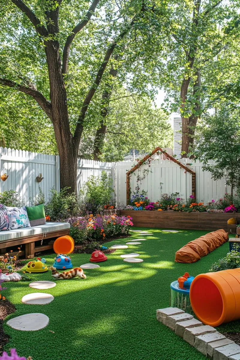 27 New Small Backyard Designs to Copy For Your Outdoor Space 23 pet-friendly turf lawn and playful obstacle course 1