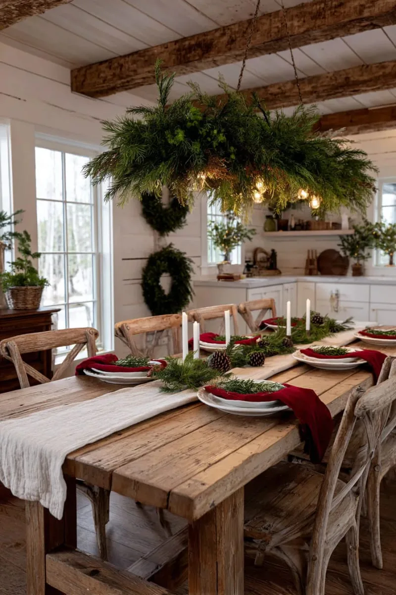pine branch chandelier tied with velvet ribbons above the dining table 1