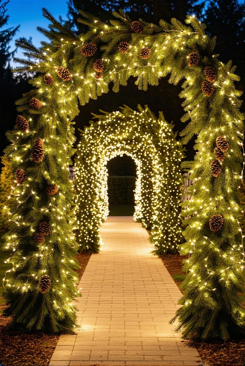 31 Outdoor Christmas Decorations: Ideas for a Magical Welcome 47 pine garland archways with twinkling fairy lights 1