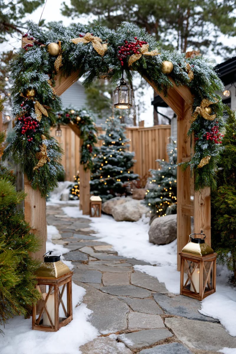 31 Outdoor Christmas Decorations: Ideas for a Magical Welcome 48 pine garland archways with twinkling fairy lights 1