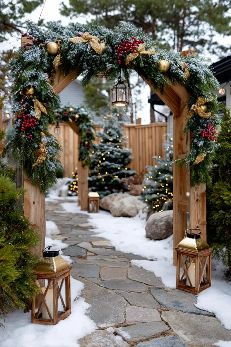 pine garland archways with twinkling fairy lights 1