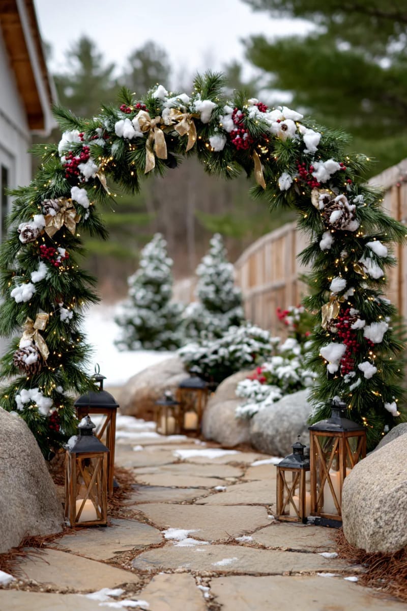 31 Outdoor Christmas Decorations: Ideas for a Magical Welcome 49 pine garland archways with twinkling fairy lights 1