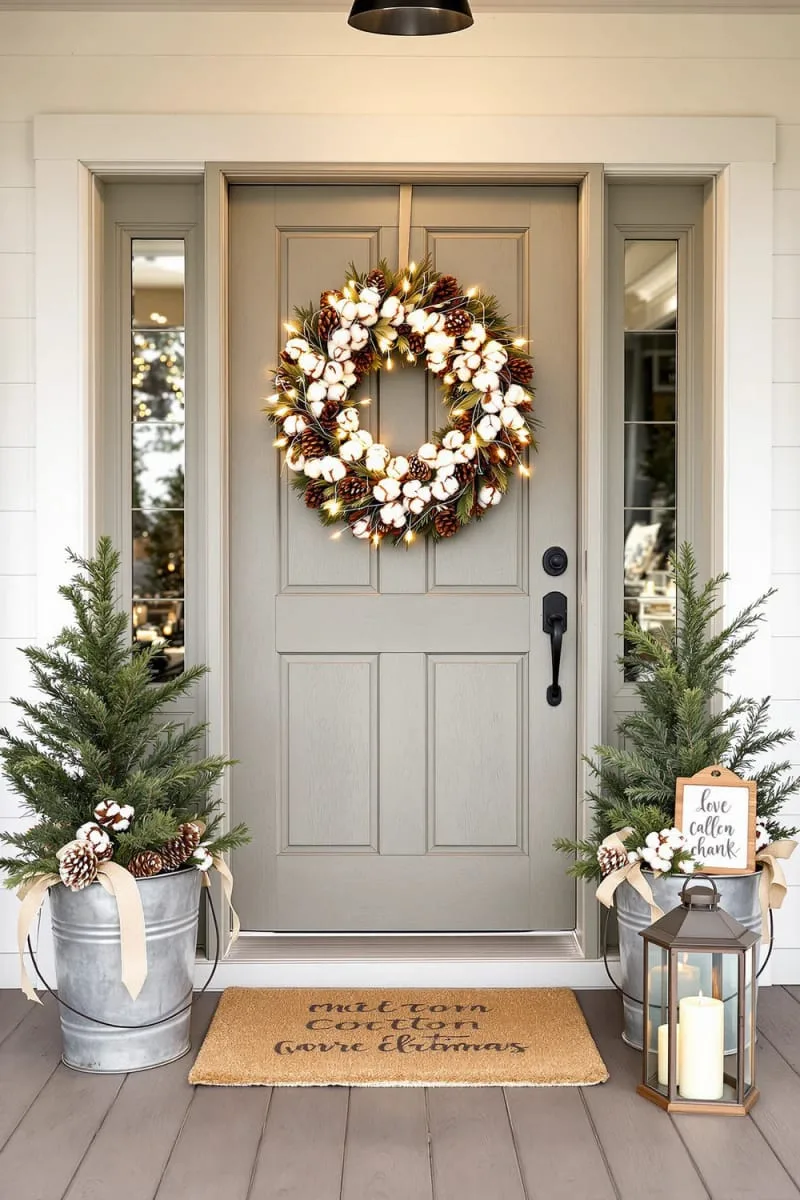 pinecone and cotton wreath with string lights for a rustic farmhouse entryway 1