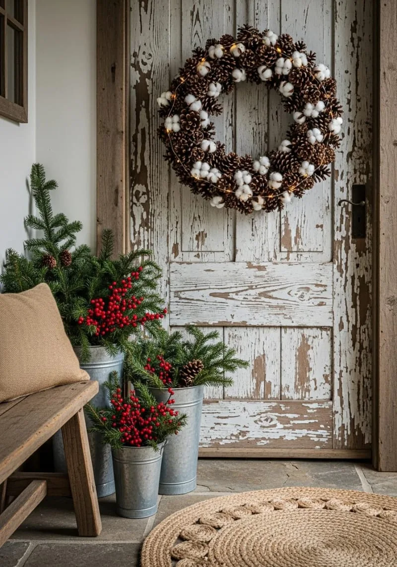 pinecone and cotton wreath with string lights for a rustic farmhouse entryway 1