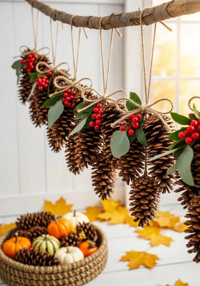 pinecone clusters with twine bows and berry sprigs 1