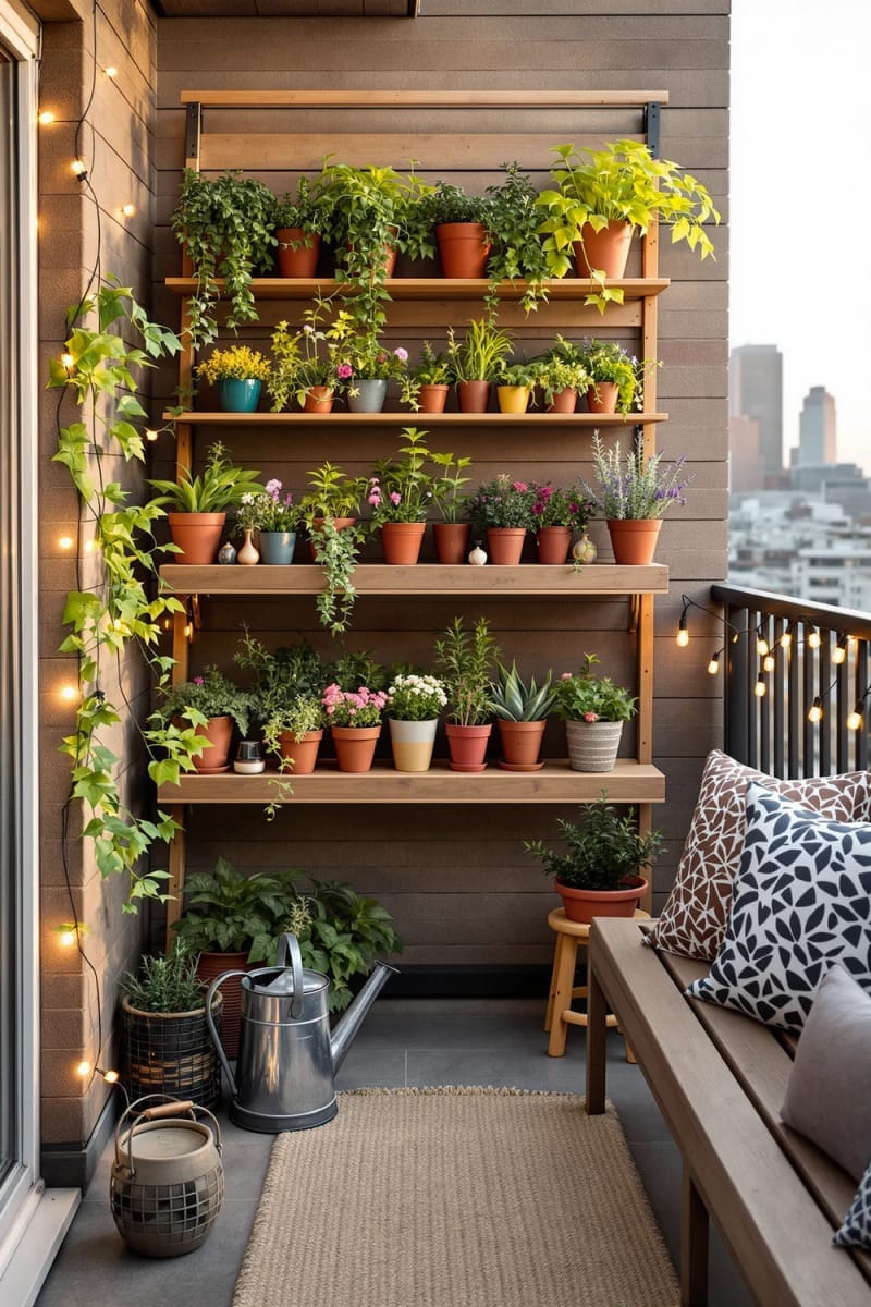place tiered wooden shelves for a compact balcony container garden 1