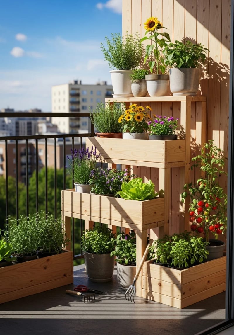 place tiered wooden shelves for a compact balcony container garden 1