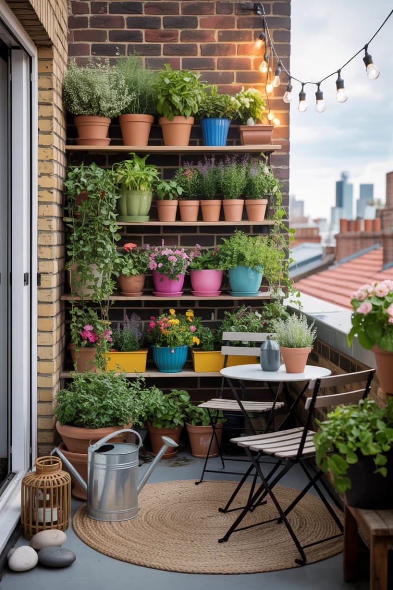 place tiered wooden shelves for a compact balcony container garden 1