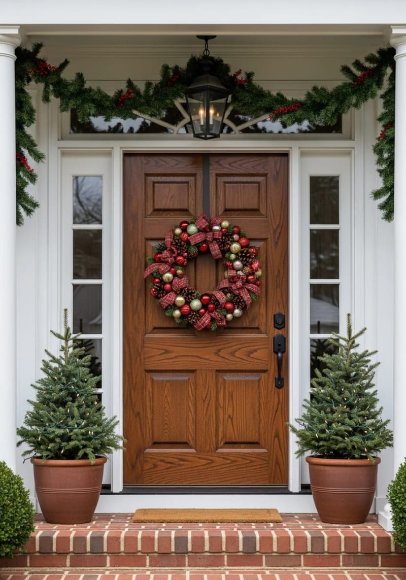 plaid and pinecone wreath with metallic baubles on a wooden front door 1