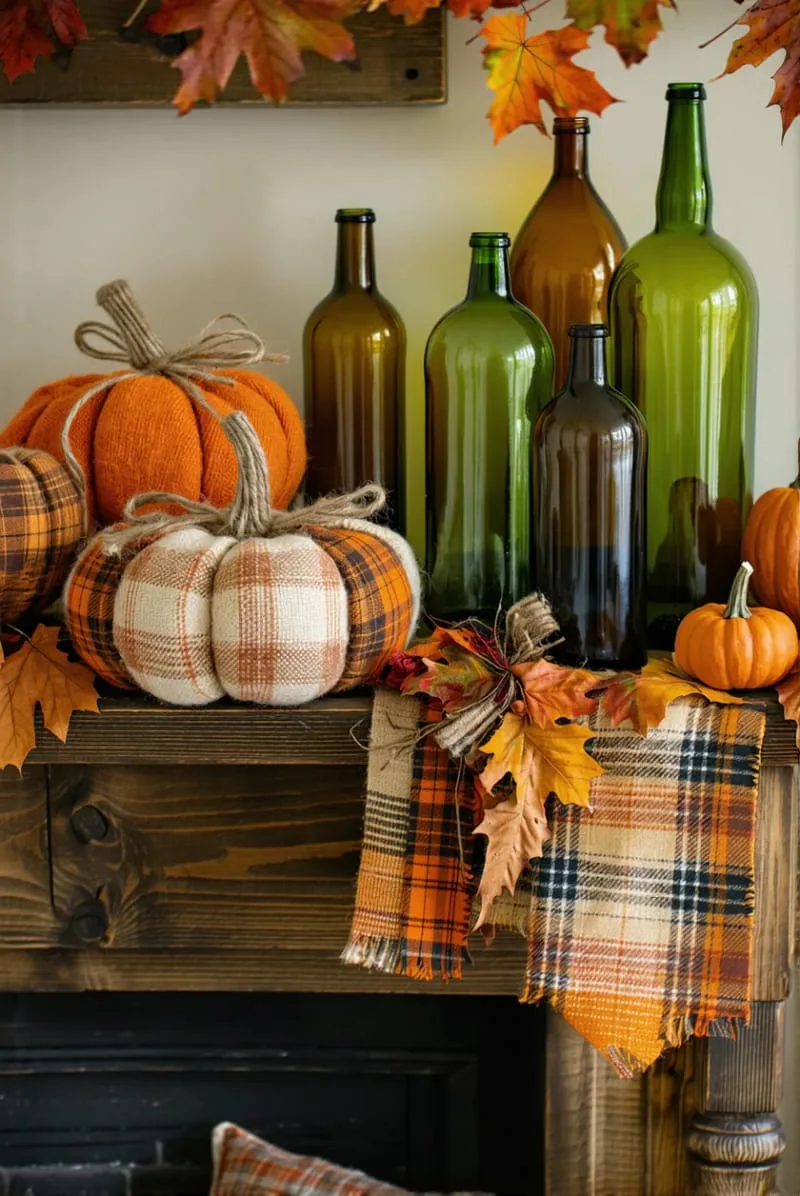 plaid fabric pumpkins with twine bows and vintage glass bottles 1