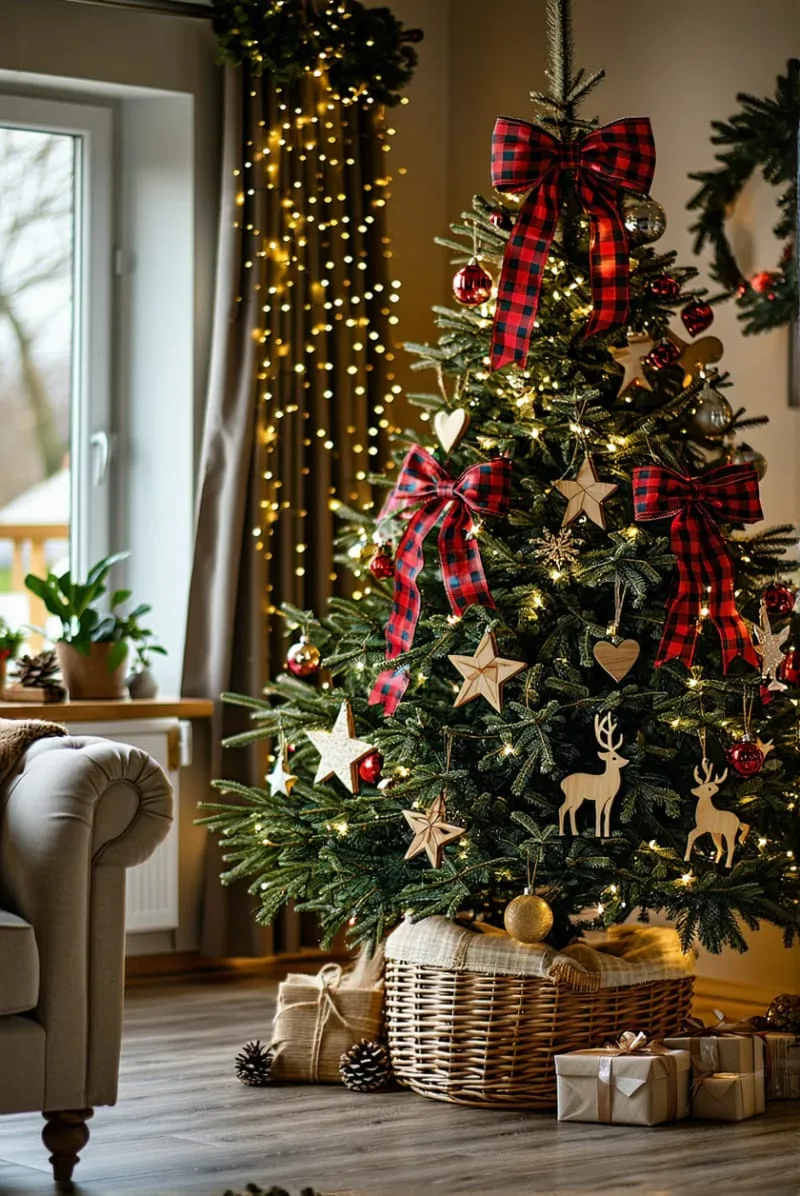 31 Dreamy Christmas Tree Decorations for a Unique Festive Touch 23 plaid ribbon bows and wooden ornaments for cozy country christmas charm 1
