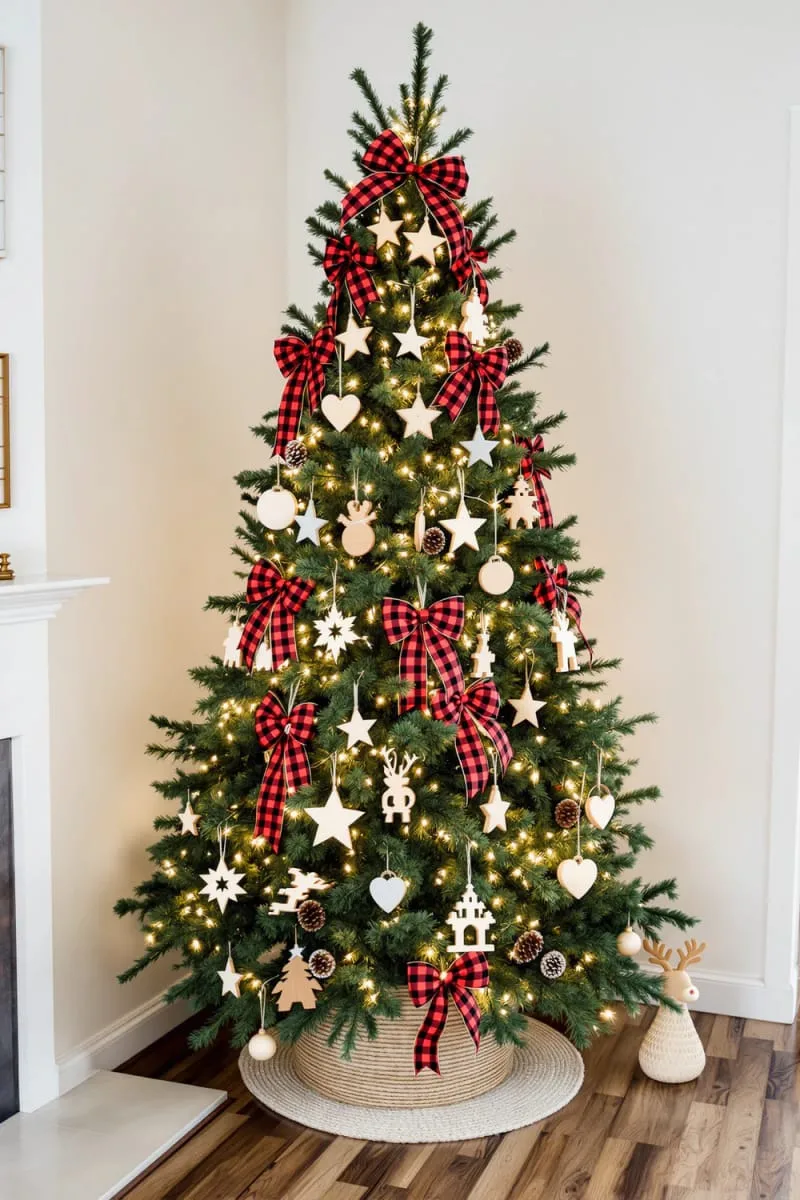 31 Dreamy Christmas Tree Decorations for a Unique Festive Touch 24 plaid ribbon bows and wooden ornaments for cozy country christmas charm 1