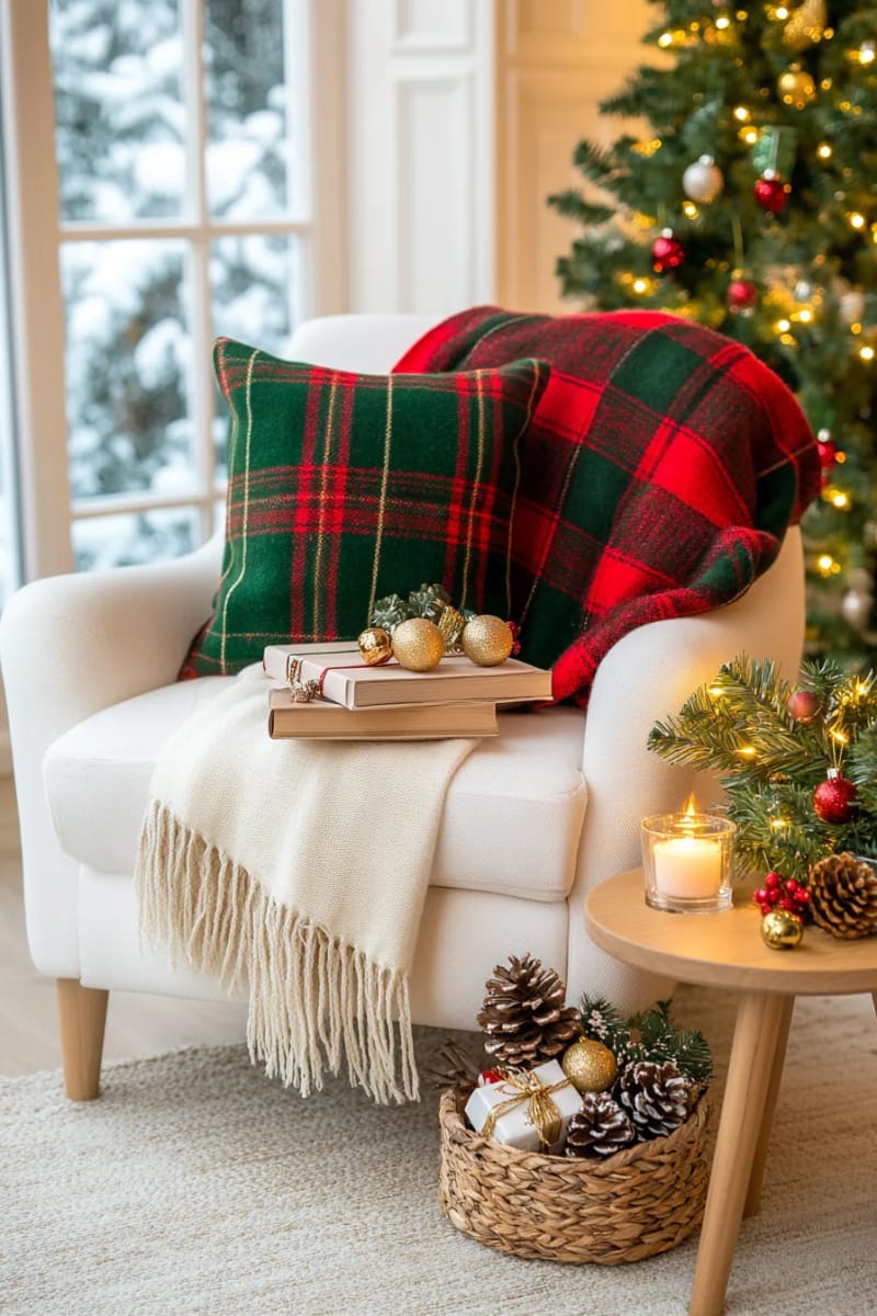 plaid throw blanket draped over a white armchair 1