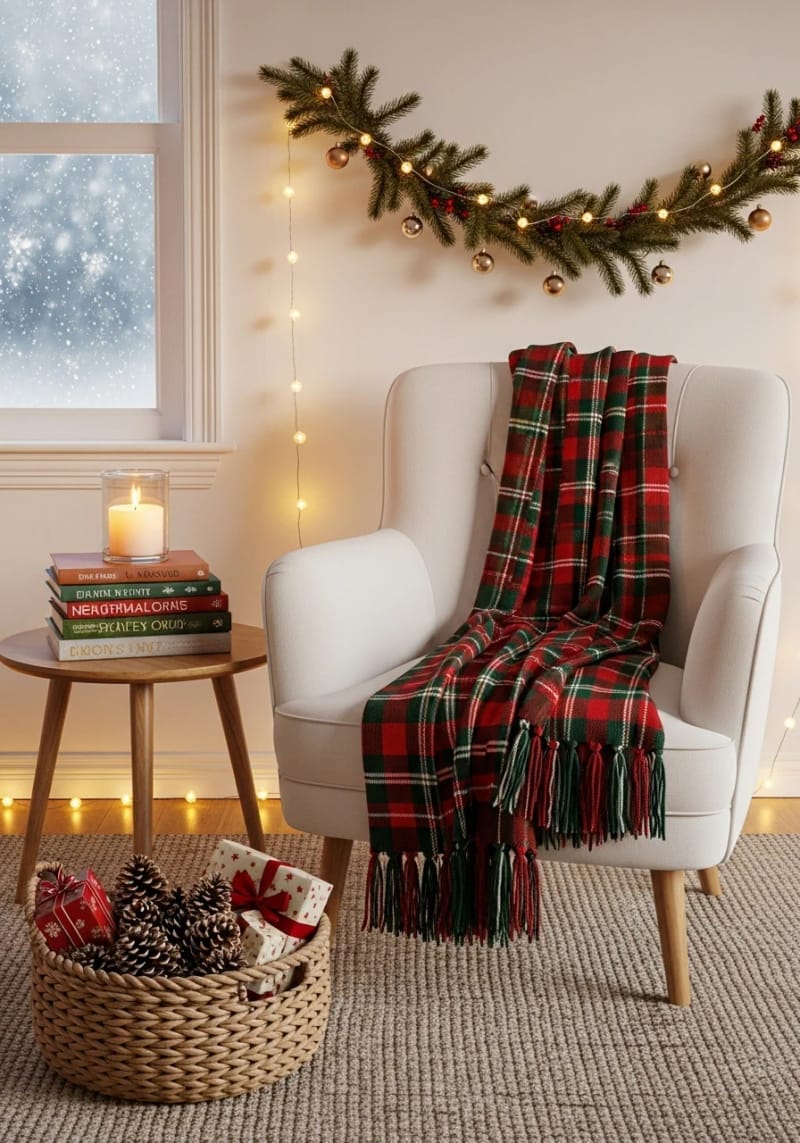 plaid throw blanket draped over a white armchair 1