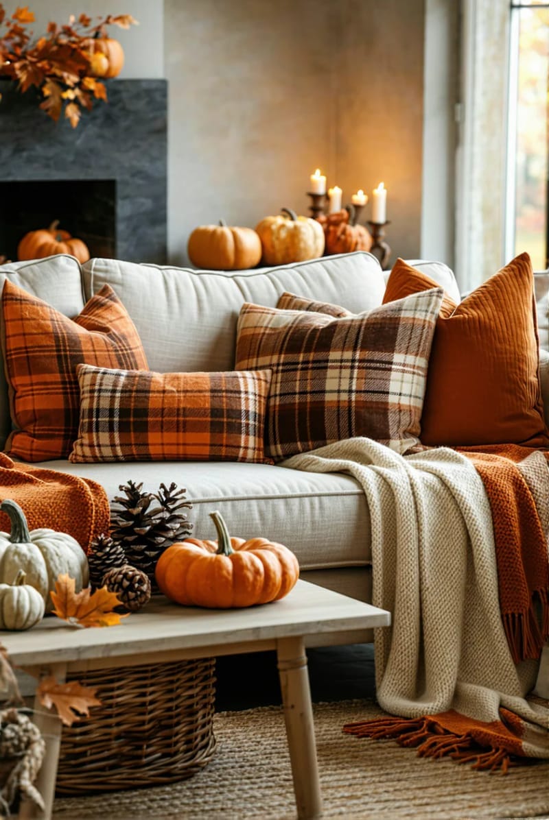 plaid throw pillows and knit blankets on the sofa for fall home warmth 1