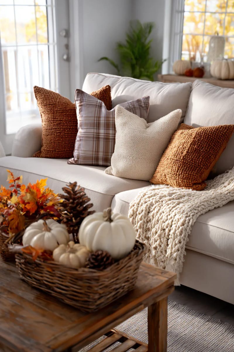 plaid throw pillows and knit blankets on the sofa for fall home warmth 1