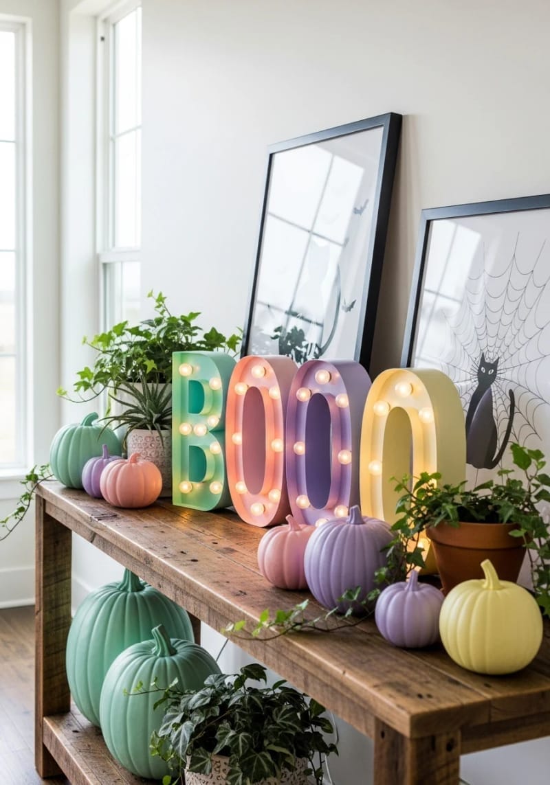 playful “boo” marquee lights in pastel shades 1