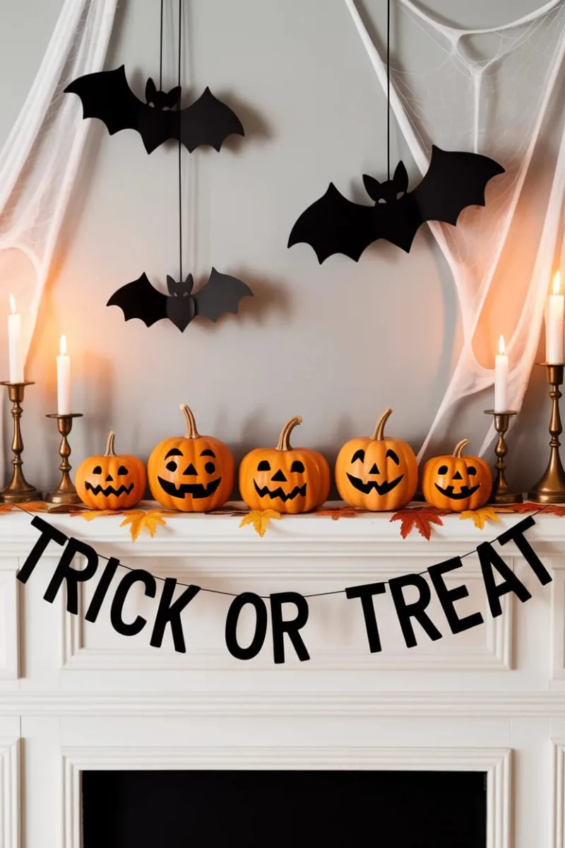 playful halloween pumpkins, bats, and “trick or treat” banner 1