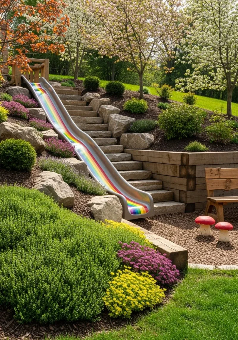 playful hillside slide for kids, framed by bright, hardy ground covers 1