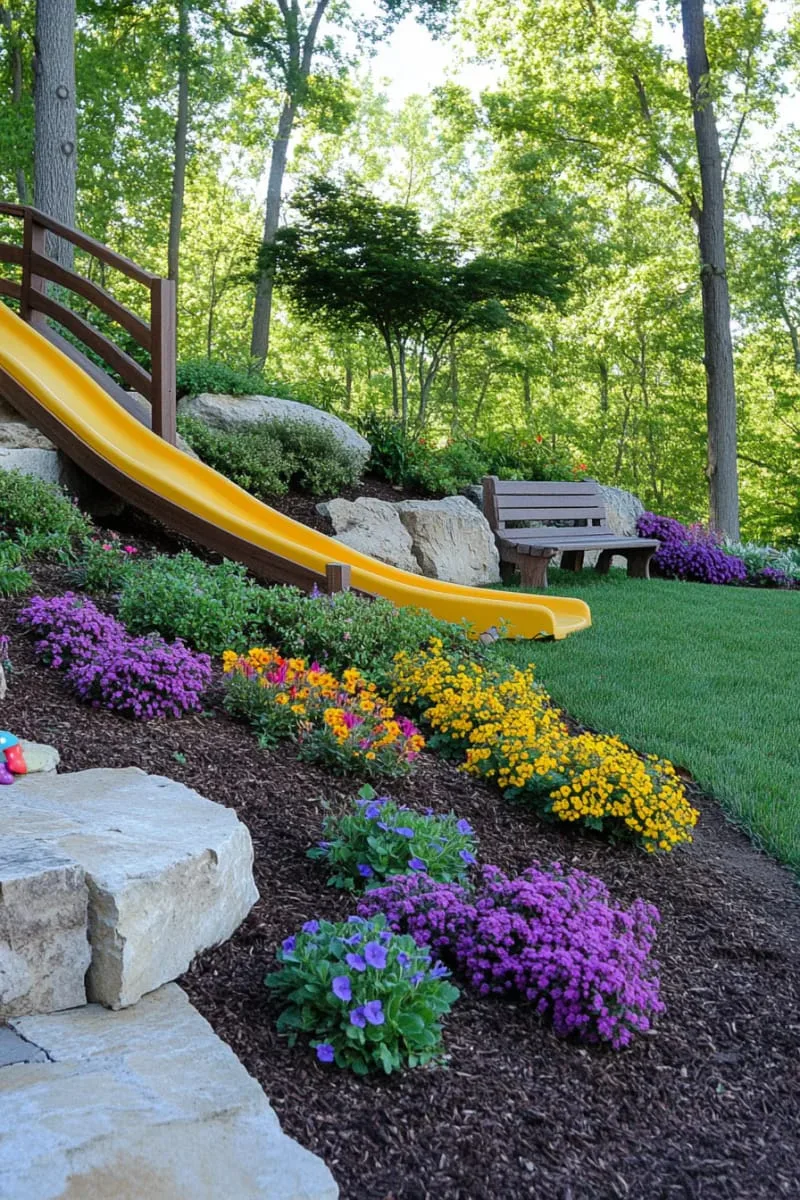 playful hillside slide for kids, framed by bright, hardy ground covers 1