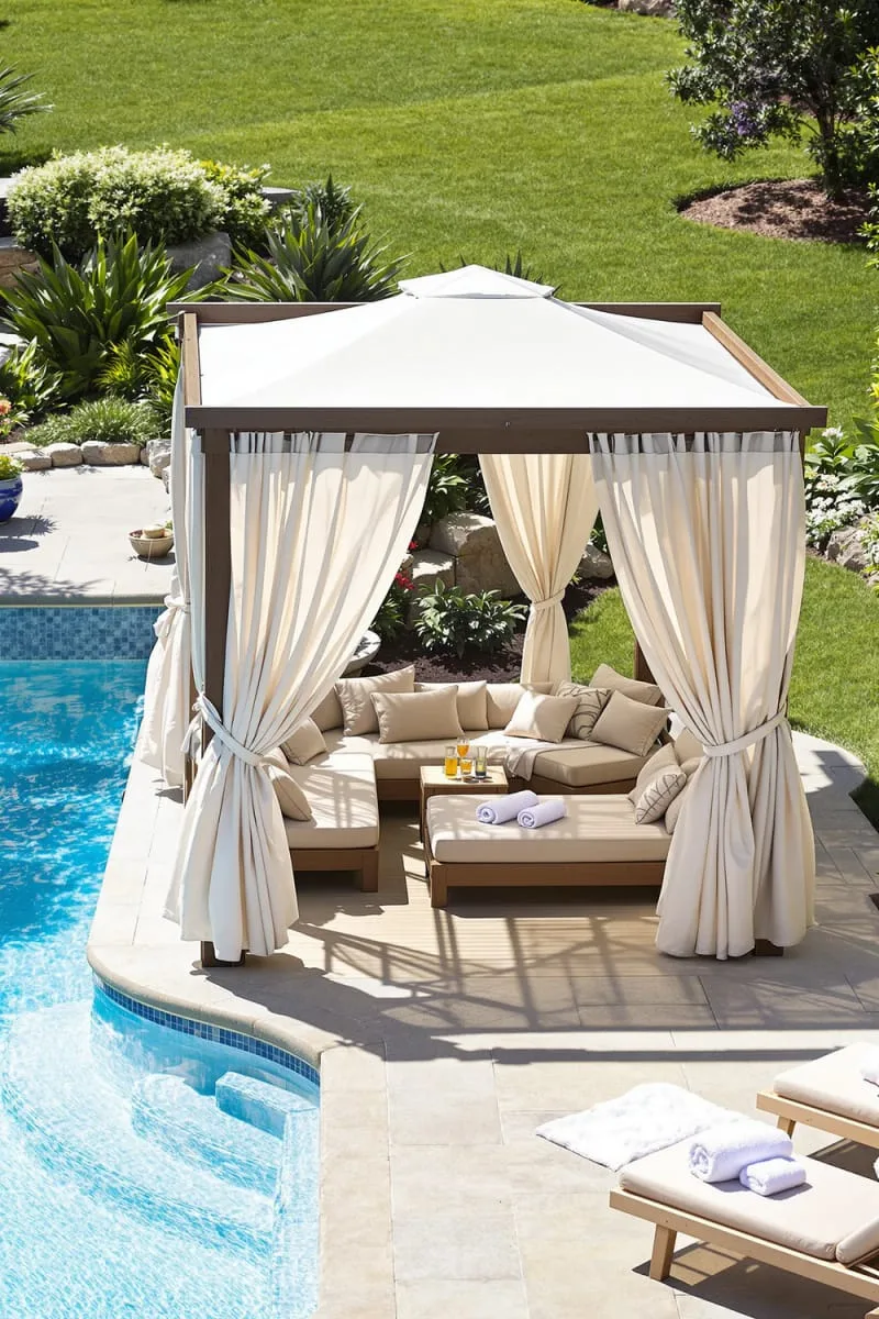 poolside cabana retreat with draped curtains and daybeds for relaxing 1