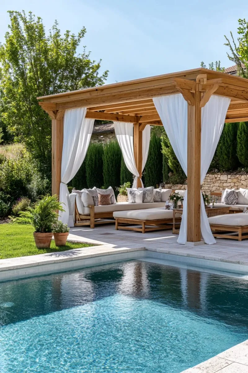 poolside cabana retreat with draped curtains and daybeds for relaxing 1