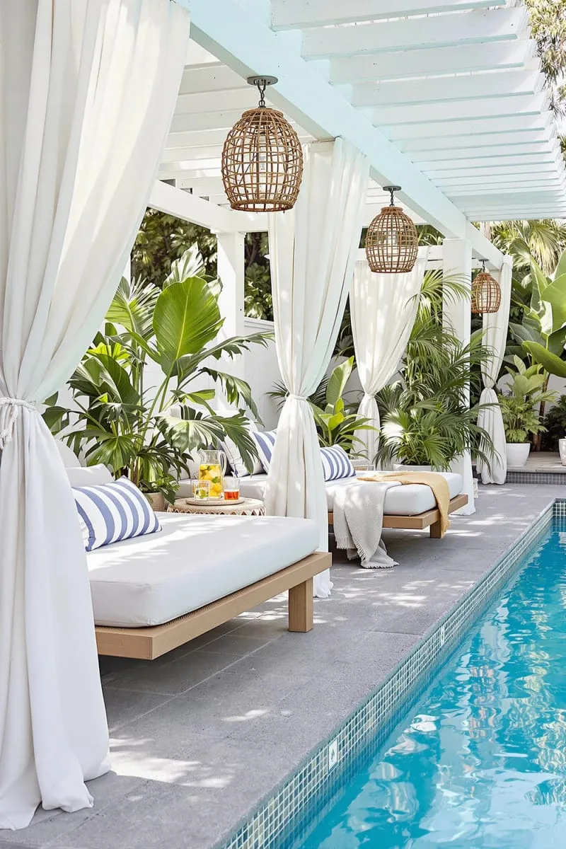 poolside cabana retreat with draped curtains and daybeds for relaxing 1