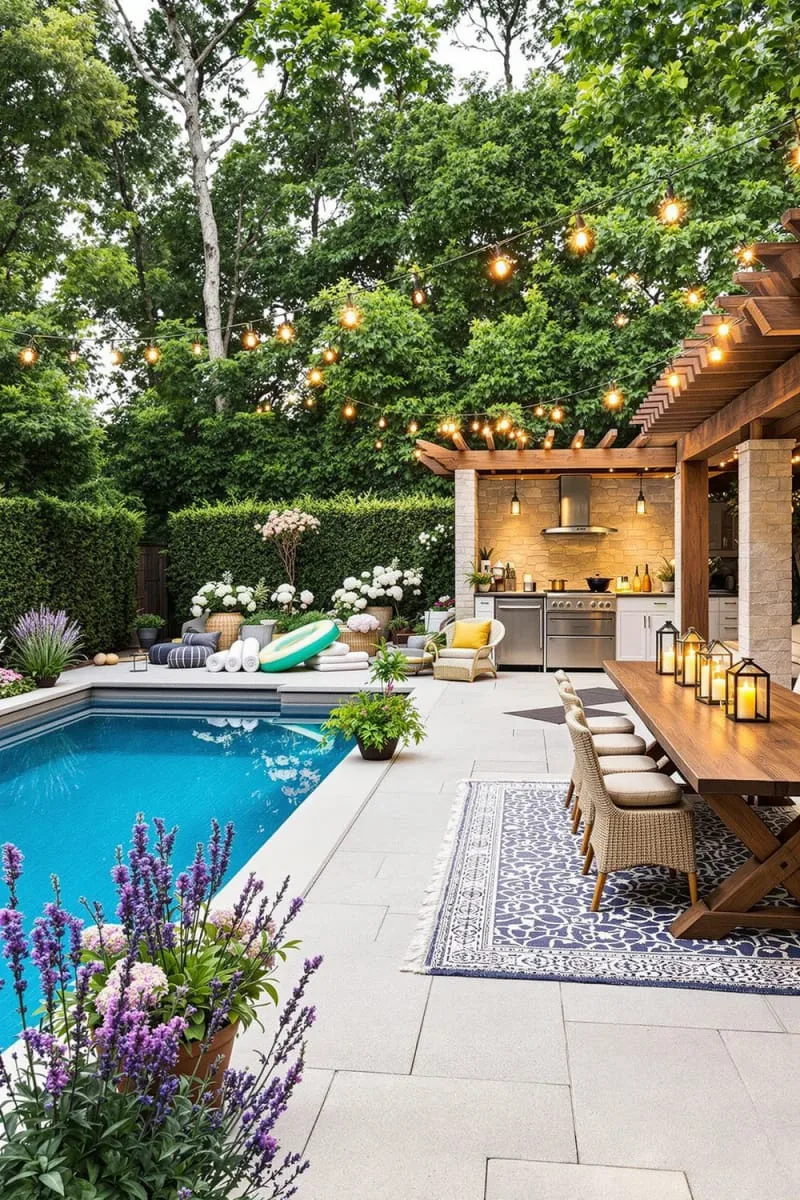 poolside outdoor kitchen and dining area with string lights overhead 1