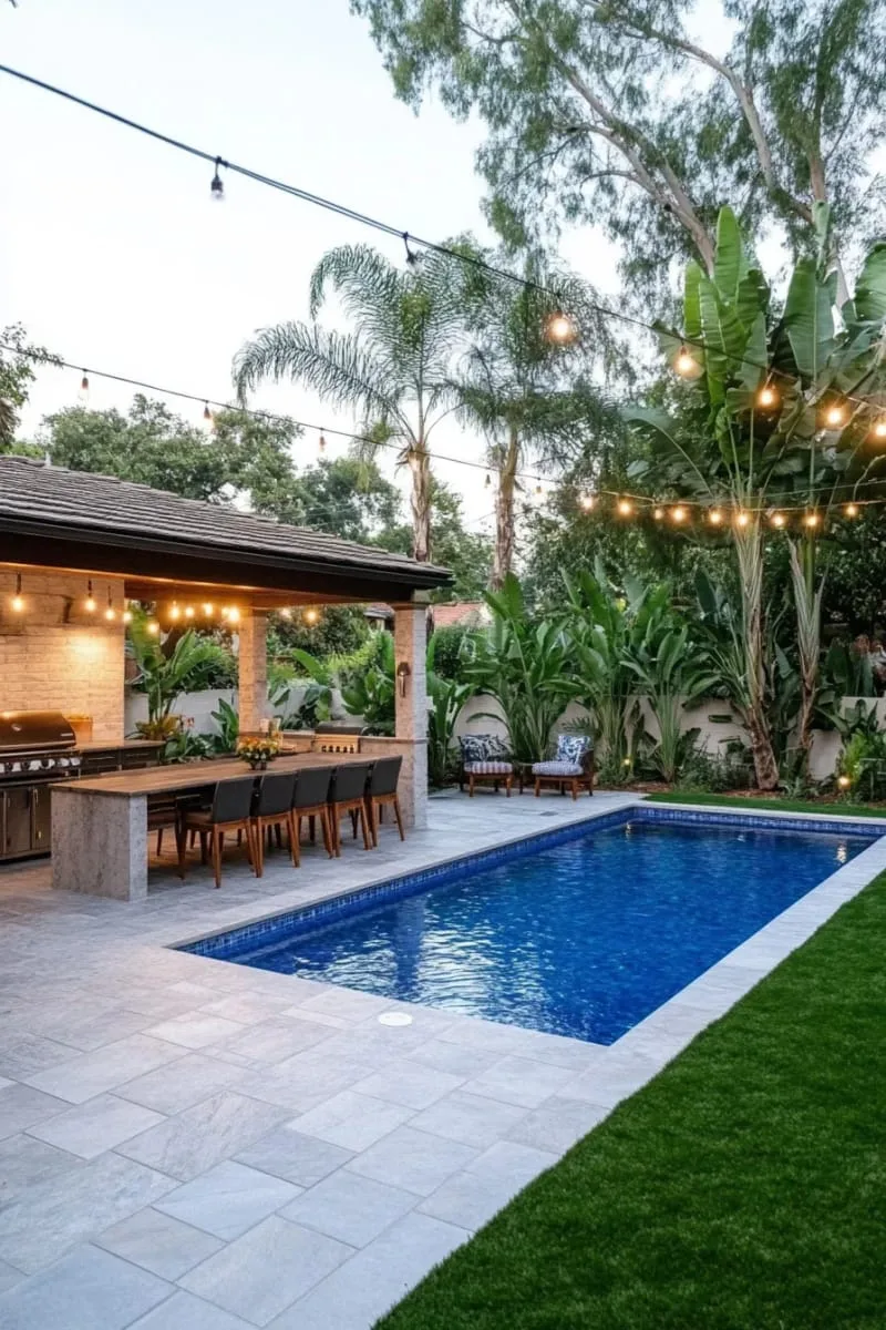 poolside outdoor kitchen and dining area with string lights overhead 1