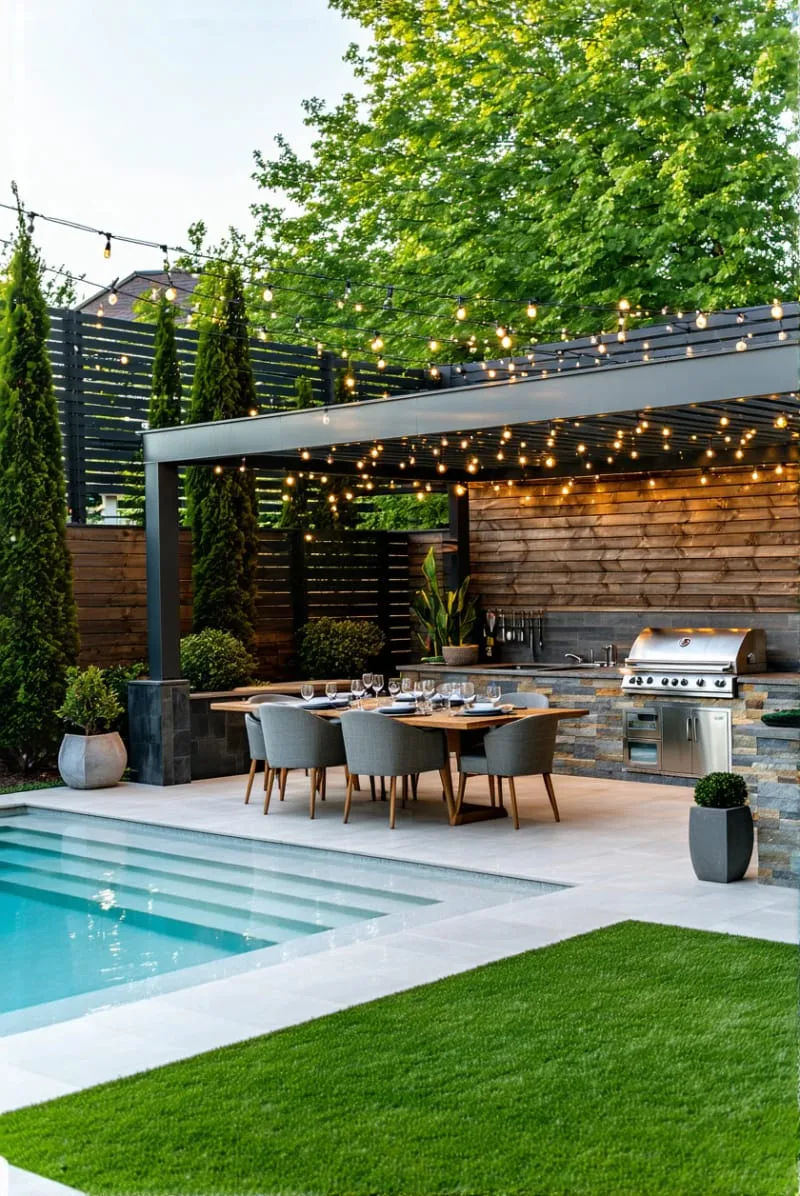 poolside outdoor kitchen and dining area with string lights overhead 1