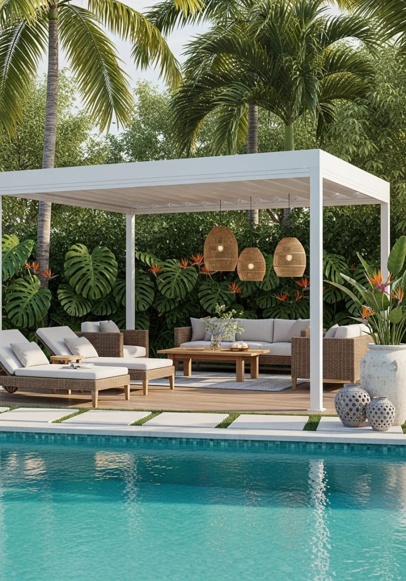 poolside pergola featuring retractable canopy and tropical plants 1