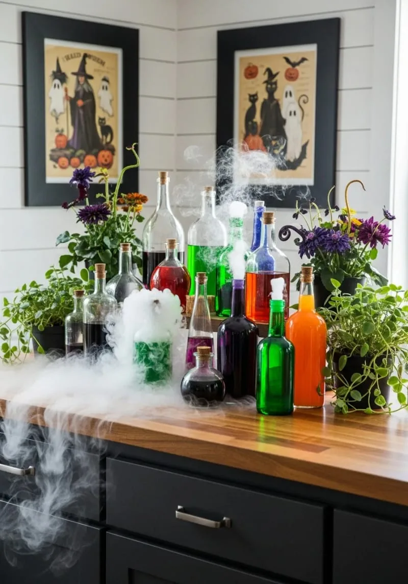 potion bottle display with bubbling fog and vintage labels 1