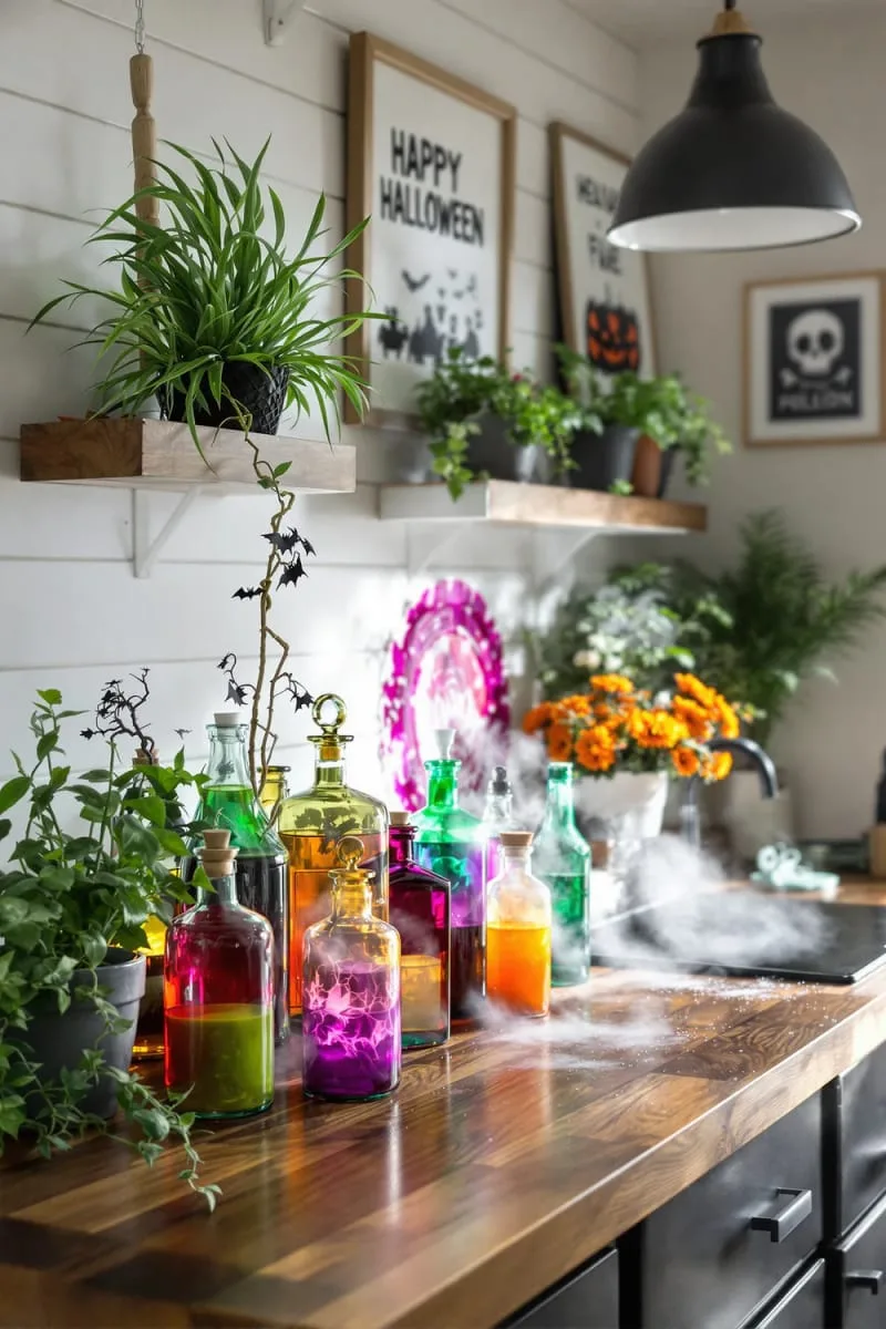 potion bottle display with bubbling fog and vintage labels 1
