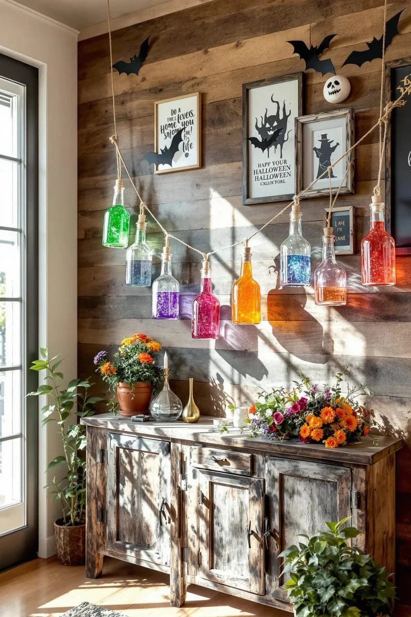 potion bottle garlands filled with colored water and glitter 1
