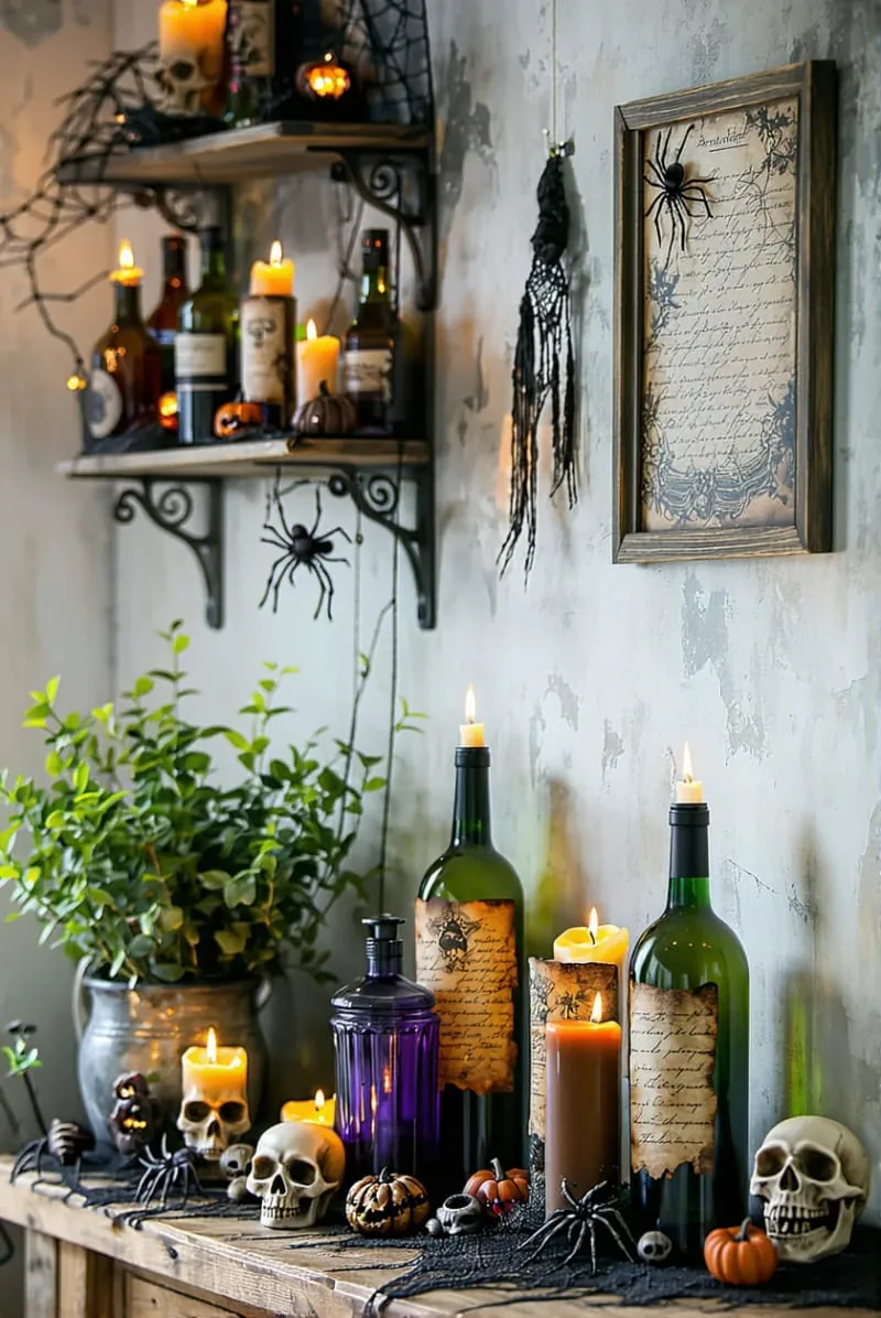 potion bottle shelf with mysterious labels and flickering candles 1