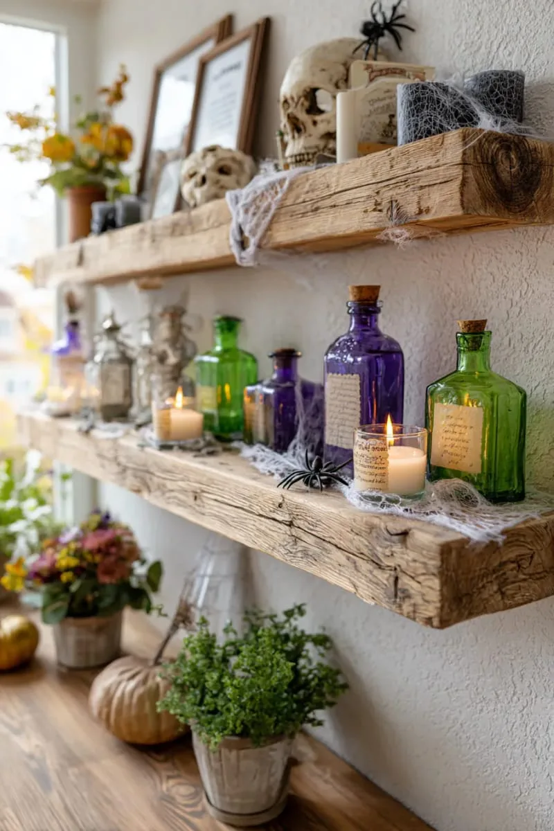 potion bottle shelf with mysterious labels and flickering candles 1