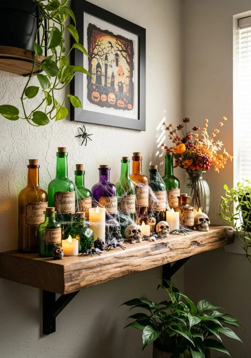 potion bottle shelf with mysterious labels and flickering candles 1