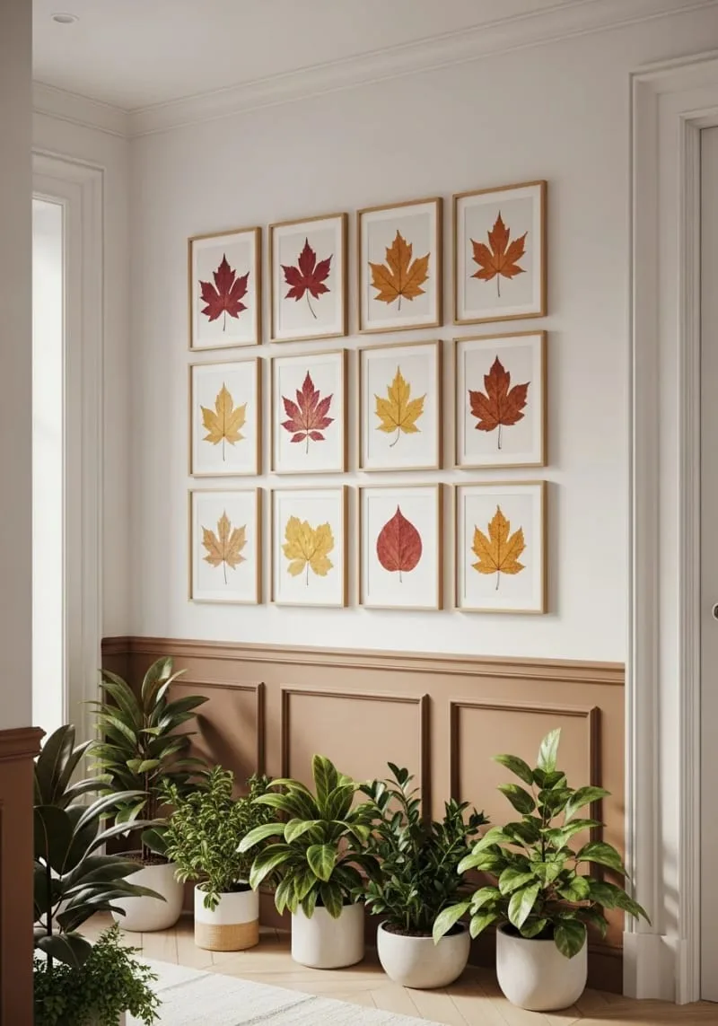 pressed leaf art framed gallery wall in the hallway 1