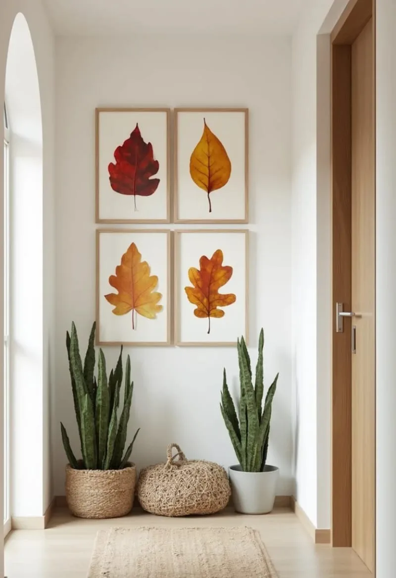pressed leaf art framed gallery wall in the hallway 1