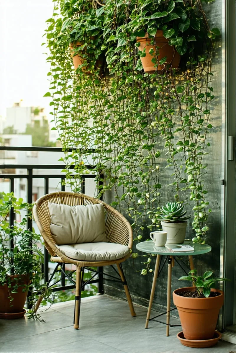 privacy screen of cascading pothos and string of pearls 1