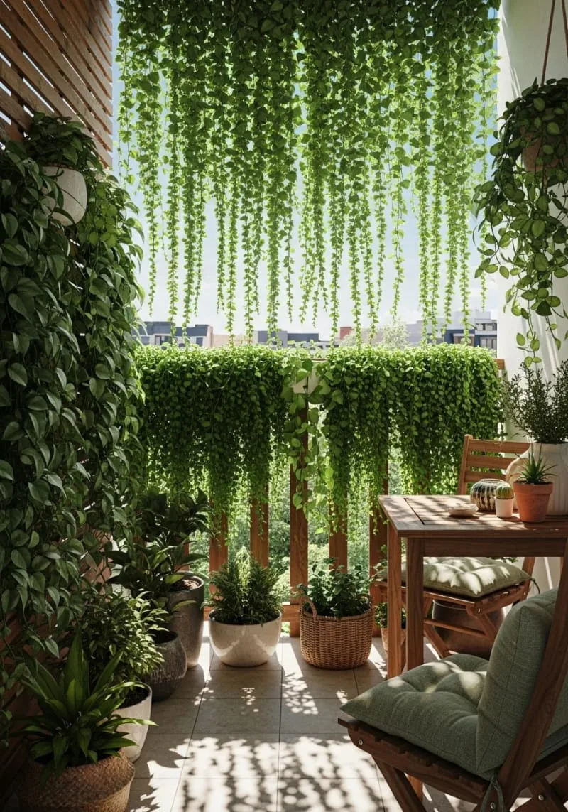 privacy screen of cascading pothos and string of pearls 1