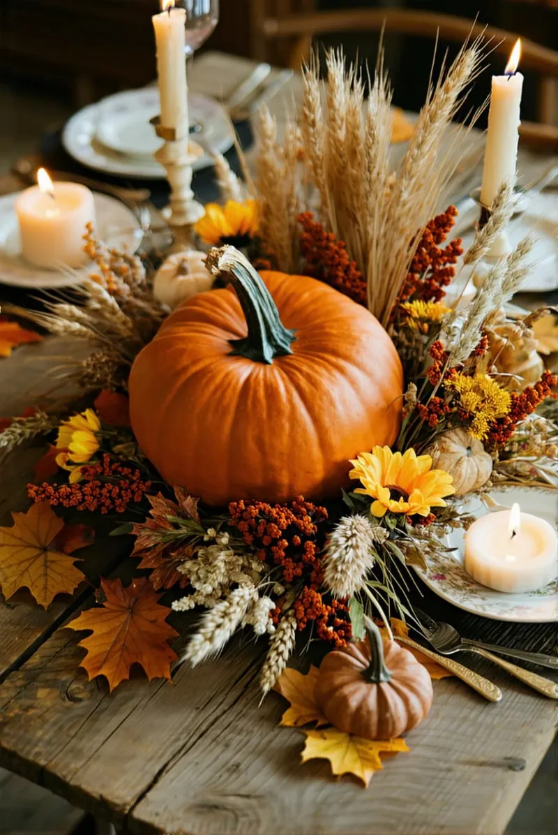 pumpkin and dried flower centerpiece with flickering candles 1