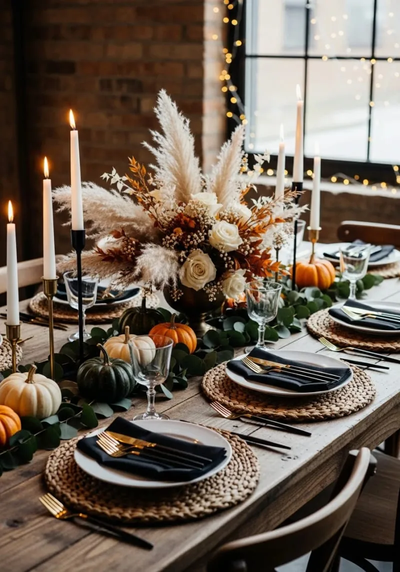 pumpkin and dried flower centerpiece with flickering candles 1