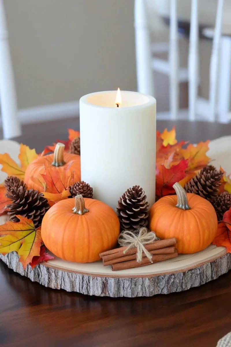 pumpkin and pinecone candle centerpiece with cinnamon sticks 1