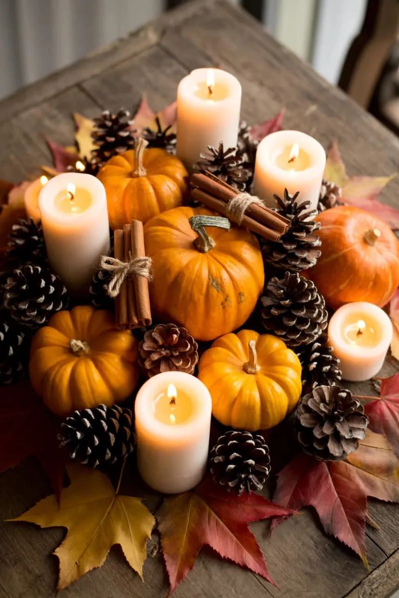 pumpkin and pinecone candle centerpiece with cinnamon sticks 1