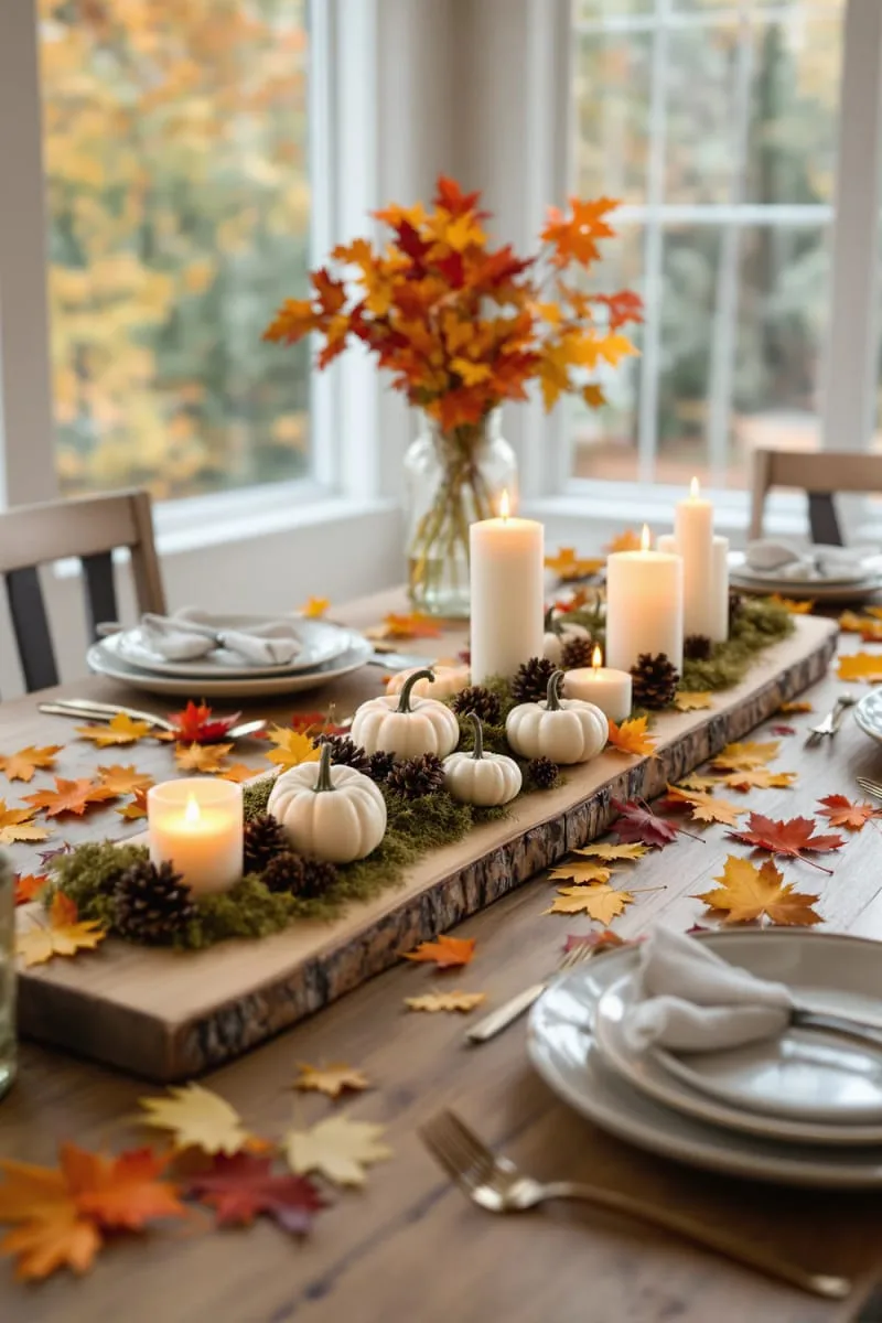 pumpkin and pinecone centerpiece with glowing candles for a rustic tablescape 1