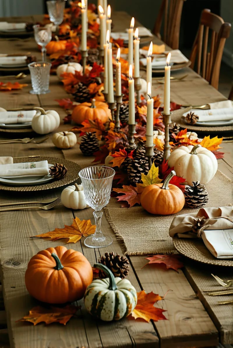 pumpkin and pinecone centerpiece with glowing candles for a rustic tablescape 1
