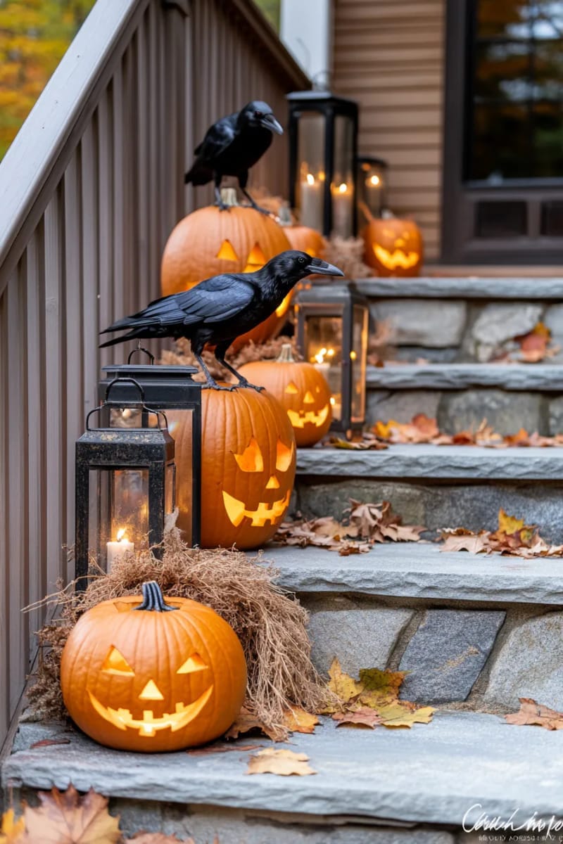21 Unique Outdoor Halloween Decorations to Try This Year 79 pumpkin and raven vignette on steps with vintage lanterns 1