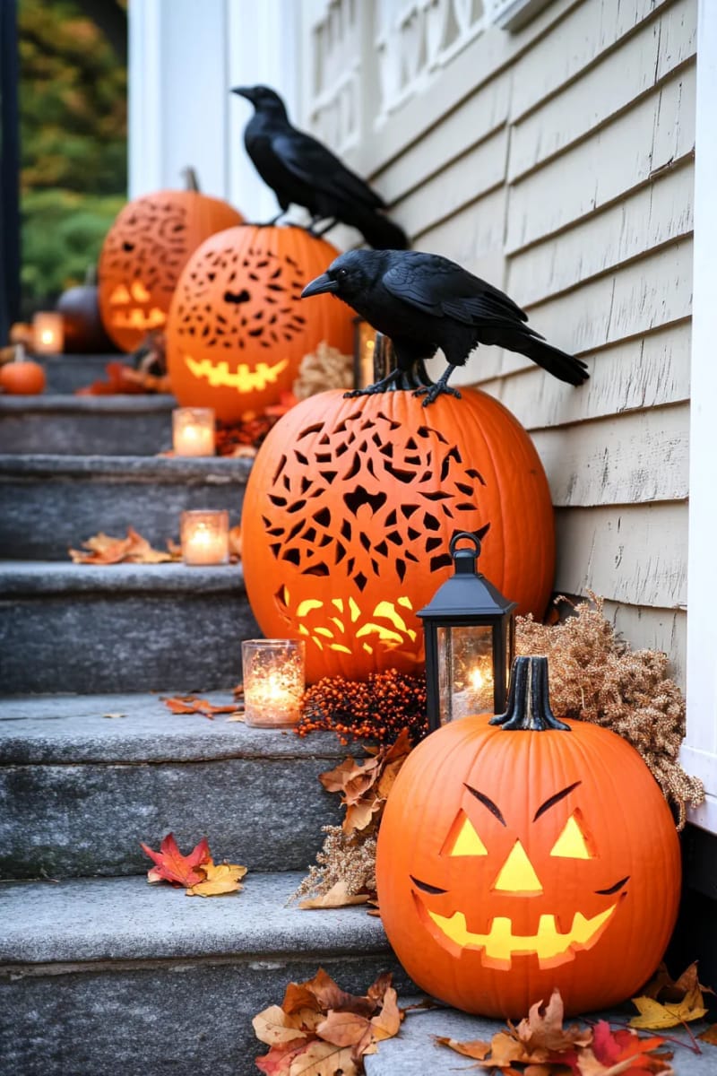 21 Unique Outdoor Halloween Decorations to Try This Year 80 pumpkin and raven vignette on steps with vintage lanterns 1