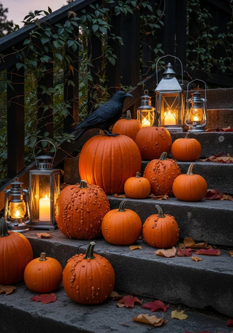 21 Unique Outdoor Halloween Decorations to Try This Year 83 pumpkin and raven vignette on steps with vintage lanterns 1